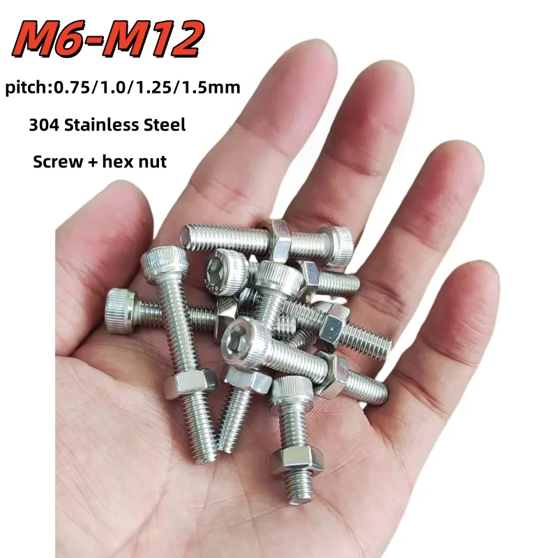 

M6 M8 M10 M12 Нержавеющая сталь 304, тонкая резьба, шестигранная головка, винт с головкой под торцевой ключ, набор гаек, шаг 0,75/1,0/1,25/1,5 мм
