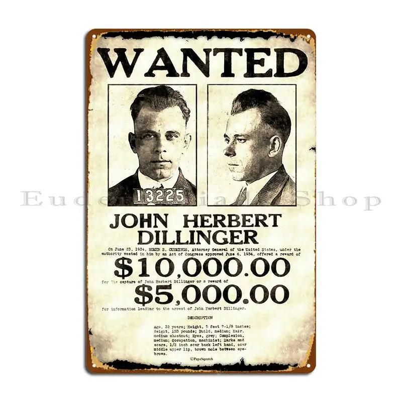 Dillinger Most Wanted Metal Signs Mural Character Cinema Create Club Tin Sign Poster