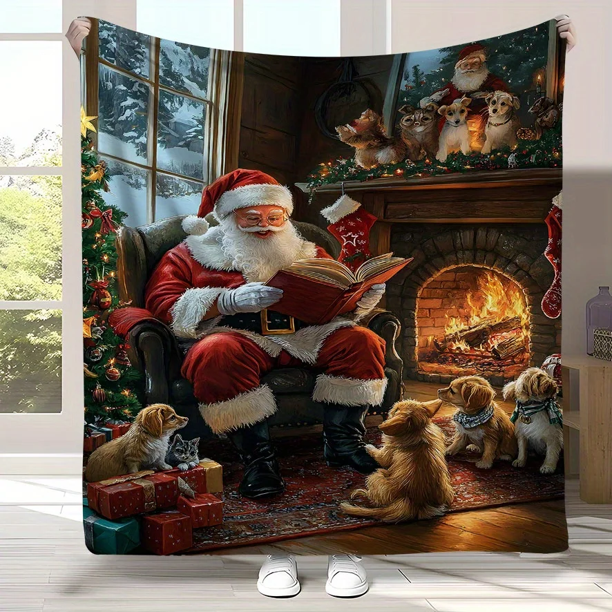 Santa with Animals Flannel Blanket, Fireplace Christmas Night Design, Vintage Story Print Throw, All Season Soft Home Decor