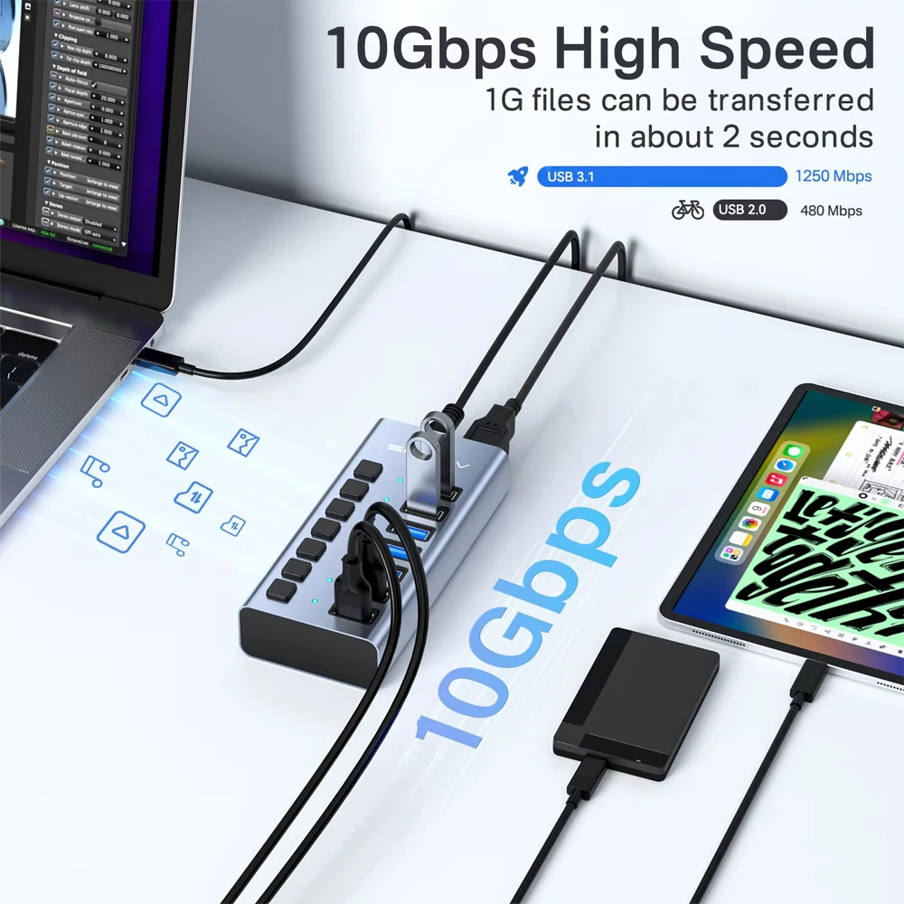 ACASIS 7 Port USB3.1 Hub 10Gbps USB Splitter Individual OFF/ON Switch LED Indicator Data&Charge For PC Laptop Macbook Extender