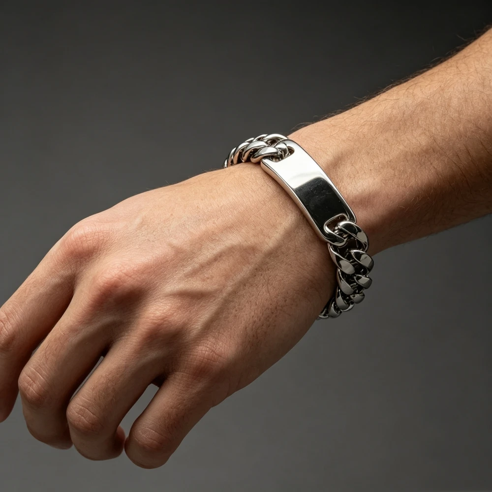HNSP 10MM Stainless Steel Curb Chain ID Bracelet For Men Waterproof Hand Chain Cuban Link ID Engravable Curved Bar Bracelet