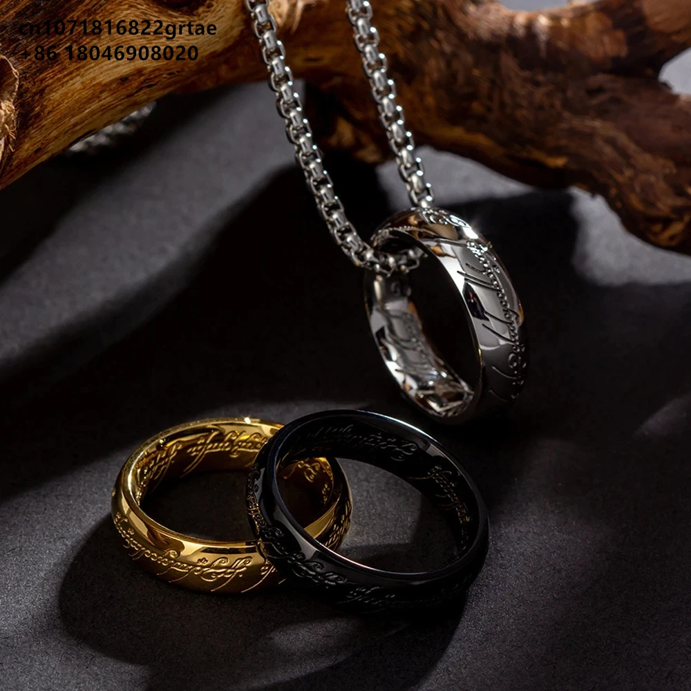 Lord of the One Ring สายโซ่หนาหนังห่วงไข่มุกขั้นสูงพร้อมสร้อยคอวงแหวนฮิปฮอปแบบเดียวกันแกะสลัก3D ทั้งภายในและภายนอก