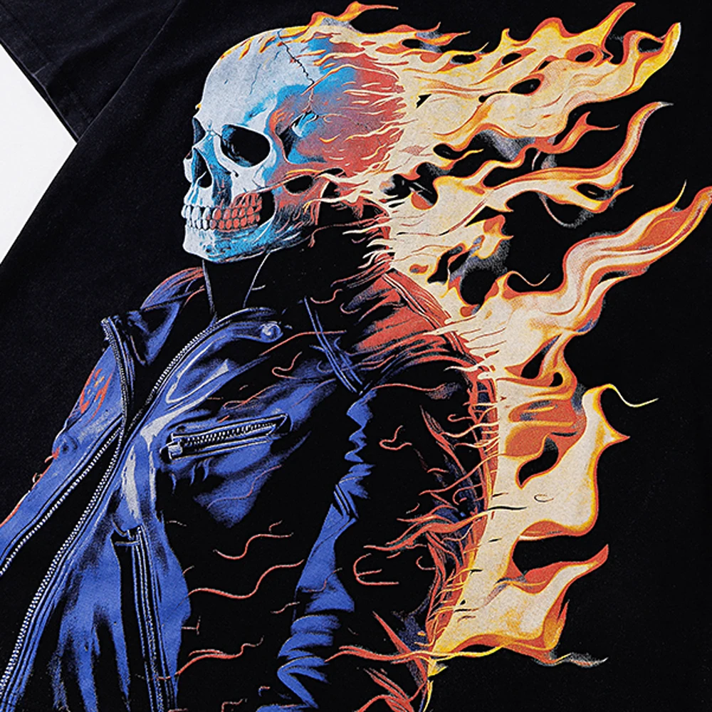 Summer Streetwear Skull Flame Knight Graphic T Shirts Hiphop Street Style Cotton Vintage Fashion Oversized Short Sleeve Tees Man