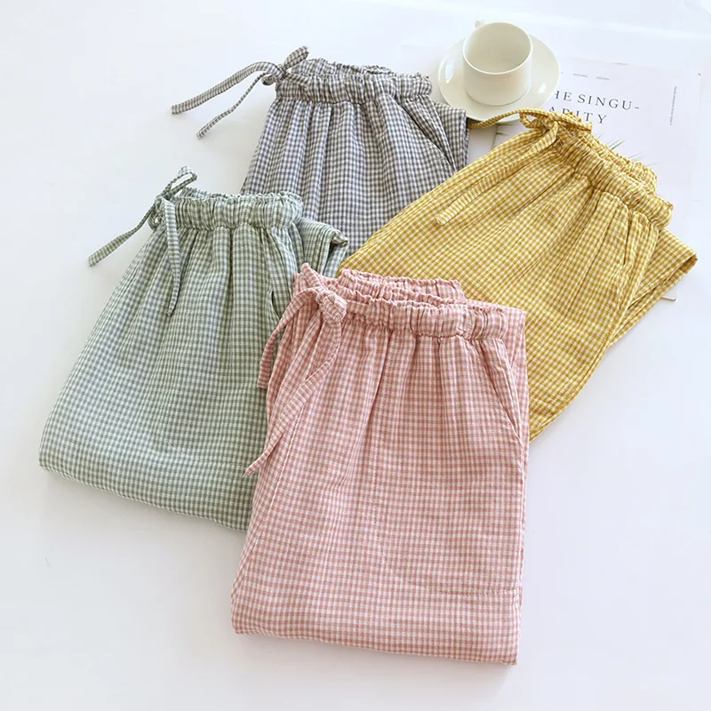 100% double gauze wrinkly cotton Home Pants men and women simple plaid Sleep Bottoms pure Cotton Pajamas Trousers