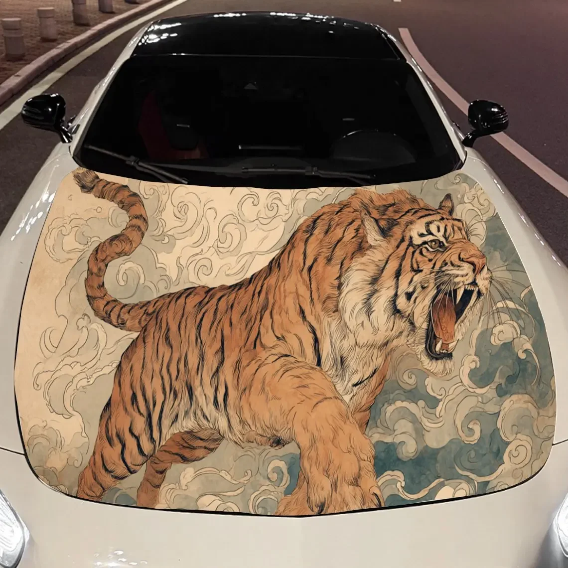 Tiger Roar Cloud Car Hood Sticker PVC Self Waterproof Stick, Striking Auto Exterior Accessories Decor Protect Gift for Car Lover