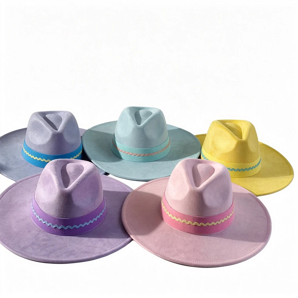 Pastel Macaron Color Faux Suede Fedora Hat for Women, Wave Ribbon Decor Wide Brim Jazz Cap, Western Cowgirl Sun Hat Casual Daily