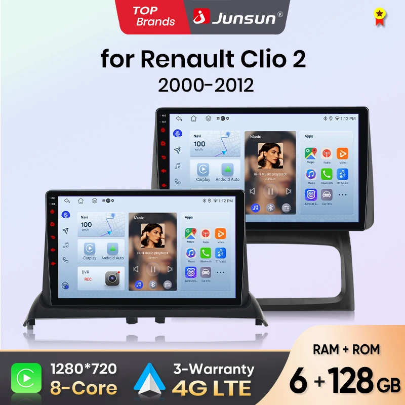Autoradio Junsun pour Renault Clio 2 2000 2001 2002 2003-2012 CarPlay Android Auto FM RDS DSP BT GPS Navi SWC Écran tactile HD IPS Plug & Play Lecteur multimédia Appel mains libres Style voiture d'origine Unité centrale