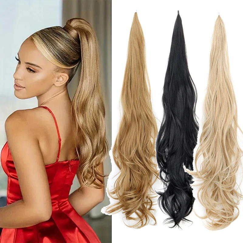 30Inch Long Layered Ponytail Synthetic Hair Extension Black Blonde Pony Tail Flexible Hair Wrap Around Ponytails Hairpieces