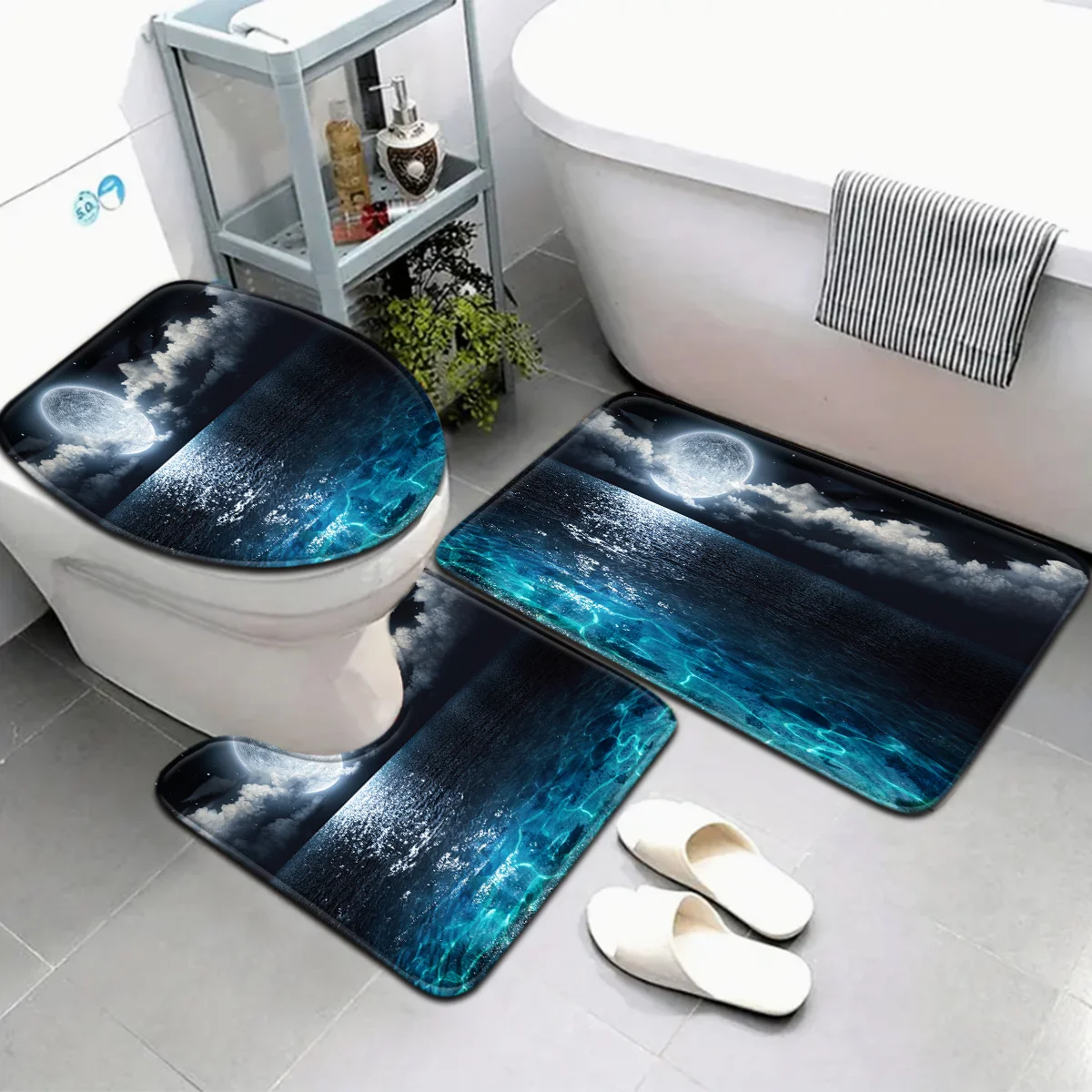

Набор из 3 предметов, серия Sea Moon, красивый ночной морской пейзаж, набор ковриков для ванной комнаты, сиденье для унитаза, U-образный коврик для ног, можно стирать в машине