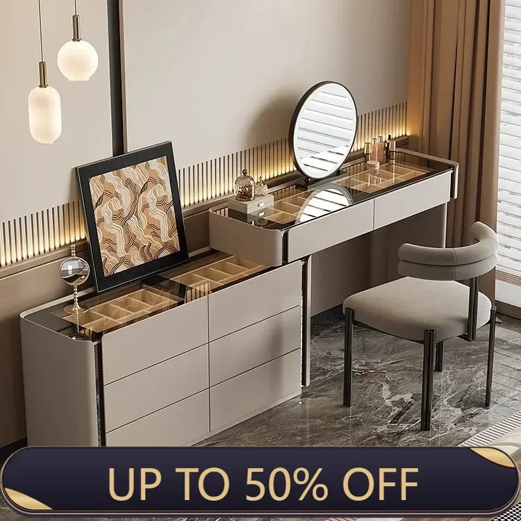 Modern Vanity Desk Dressing Vanity Table With Smart LED Mirror Luxury Makeup Set Includes Expandable Side Cabinet With 6 Drawer