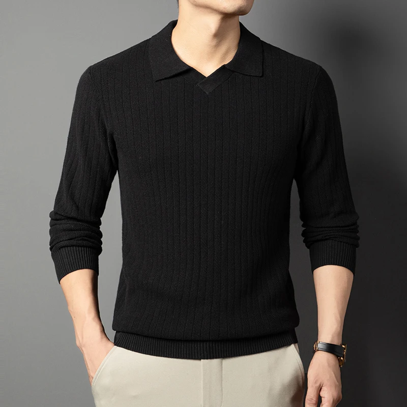 100% cotone uomo maglione alla moda 2025 autunno inverno colletto rovesciato maglieria maglione a maniche lunghe polo in maglia di puro cotone