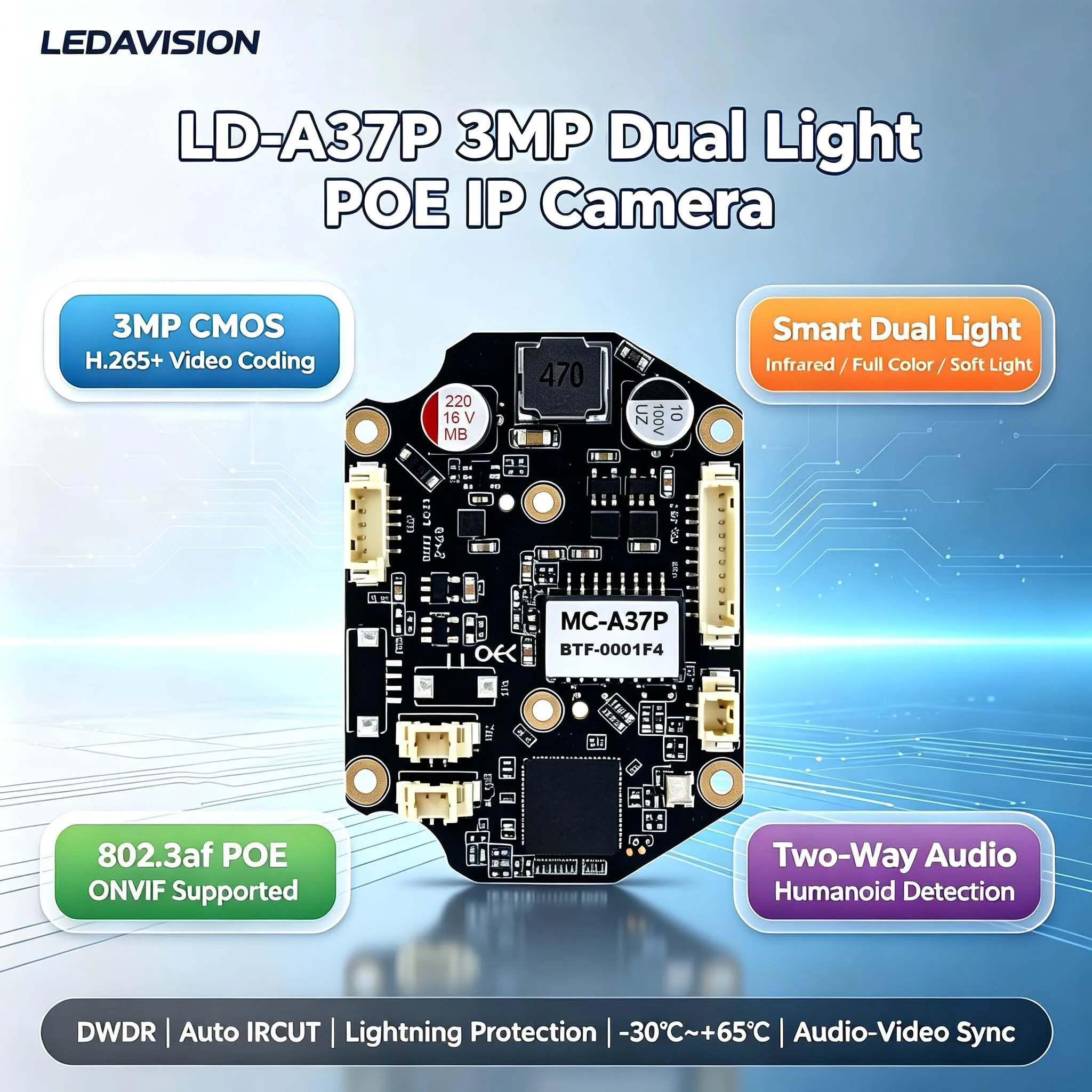 3MP POE IP-камера модуль SSC335 H.265+ с двойной подсветкой для ночного видения, двусторонней аудиосвязью, обнаружением человека, ONVIF, плата видеонаблюдения A37P
