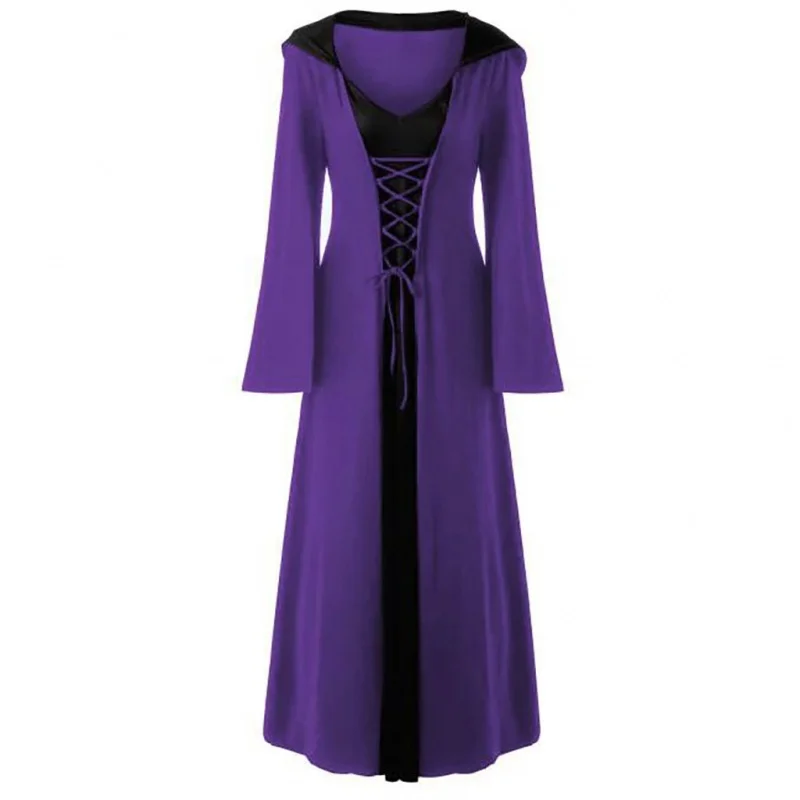 Vestido medieval de Halloween para mulheres, capa encapuzada, robe retrô, fantasia cosplay, assustador, vampiro, bruxa, carnaval, vintage