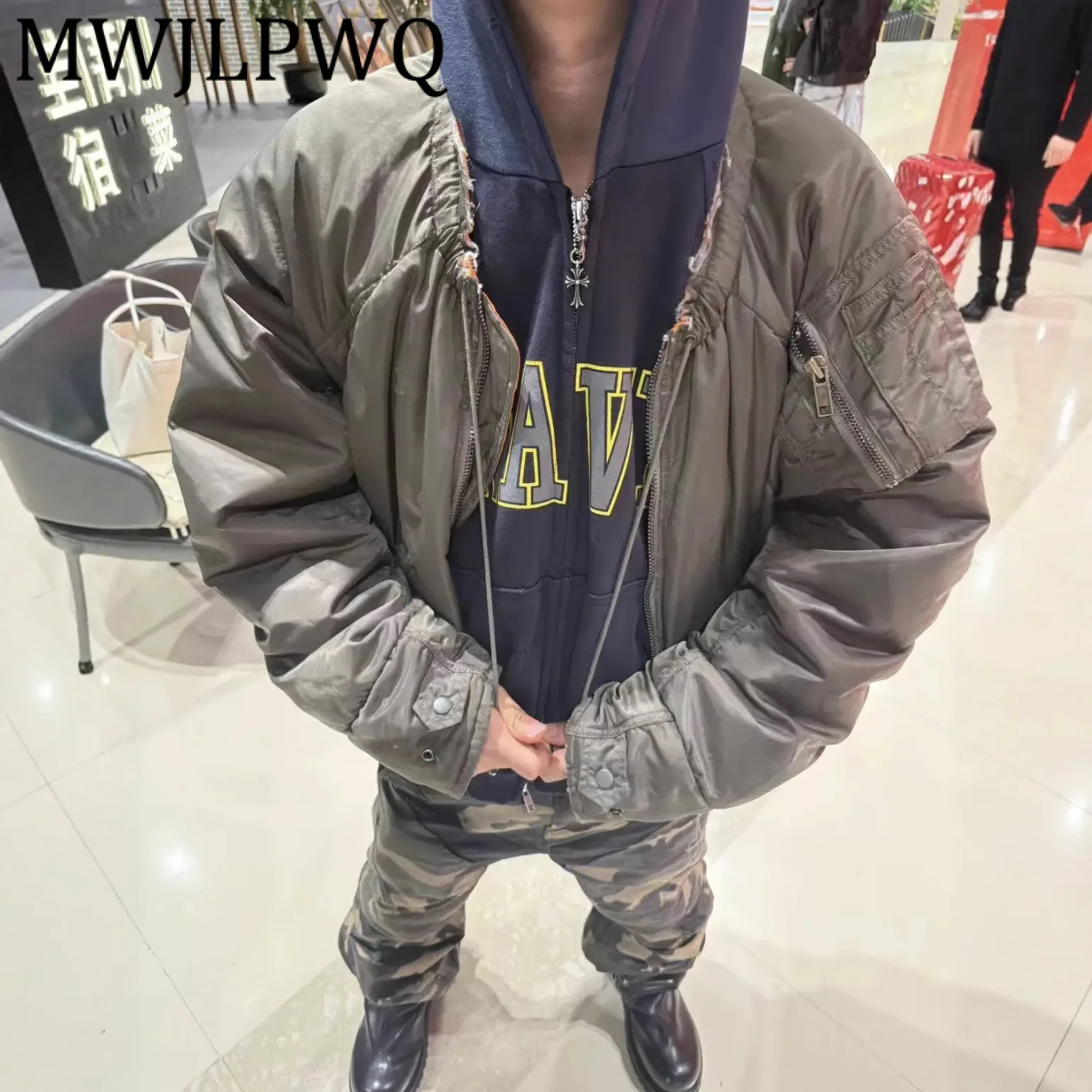 

MWJLPWQ Winter New Collarless Distressed Design Padded Men's High Street Long Sleeve Cotton Coat For Men And Women Tops 12418