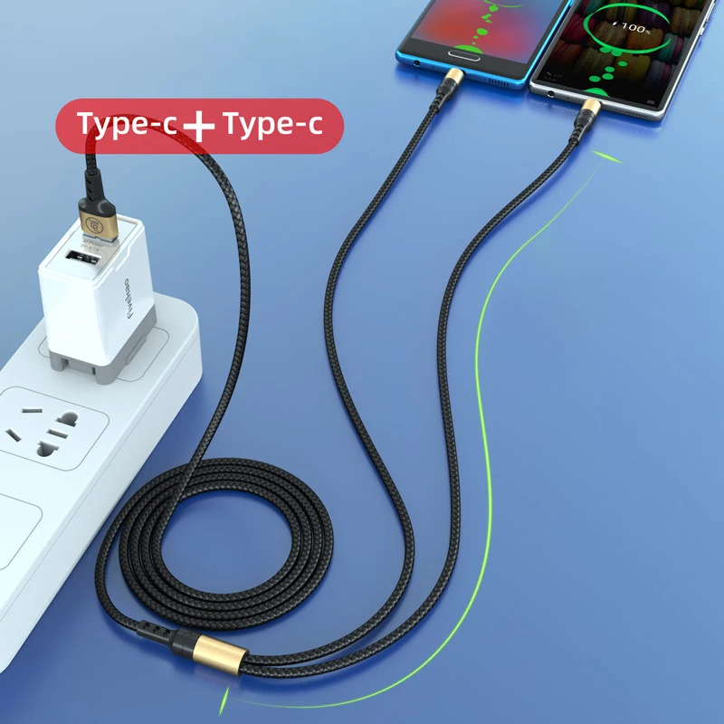 120cm 1 arraste 2 cabo de carregamento android tipo-c 2 em 1 cabeça dupla para huawei/xiaomi cabo de carregamento telefone android