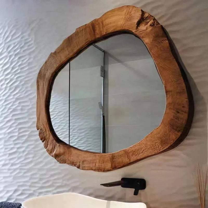 Solid wood bathroom mirror, retro decorative special-shaped home wabi-sabi irregular makeup mirror