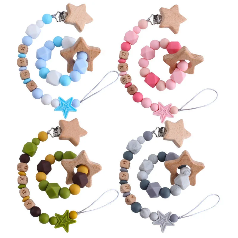 Baby Custom Name Silicone Beads Star Pacifier Clips Safe Teething Chains Teether Eco-friendly Dummy Beech Clips Holder