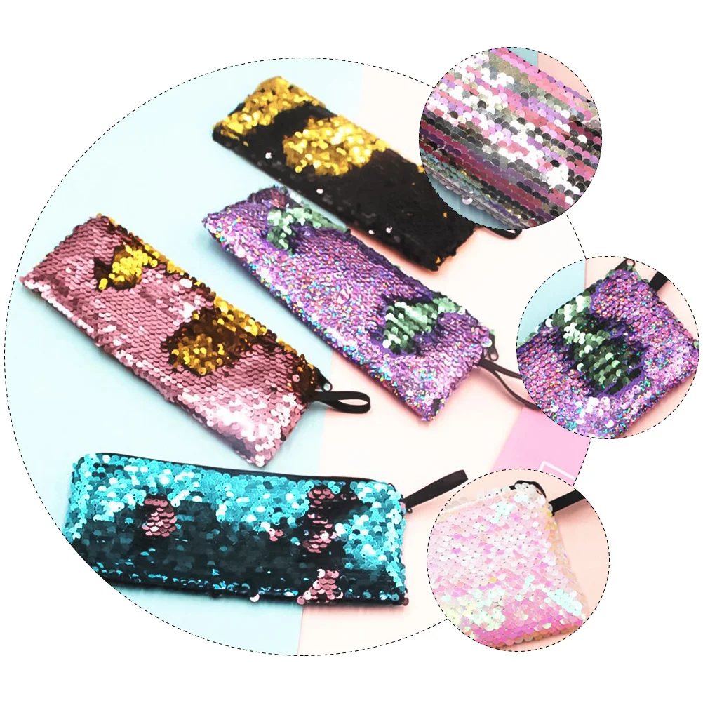 

7pcs Glitter Pencil Bag Sequin Zipper Pouch For School Stationery Storage Pen Holder Cable Data Line Earphone Organizer Case