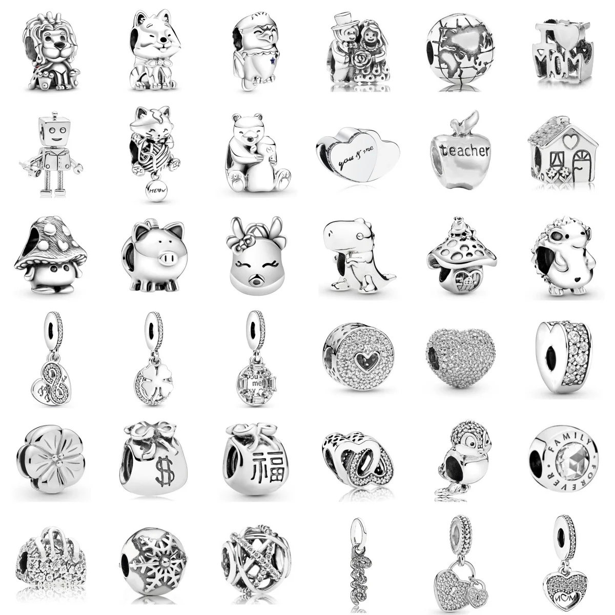 

2024 Classic Silver Plated Heart Diamond Alloy Animals Charm Beads For Fashion DIY Bracelet Necklace Jewelry Accessories Gifts ﻿