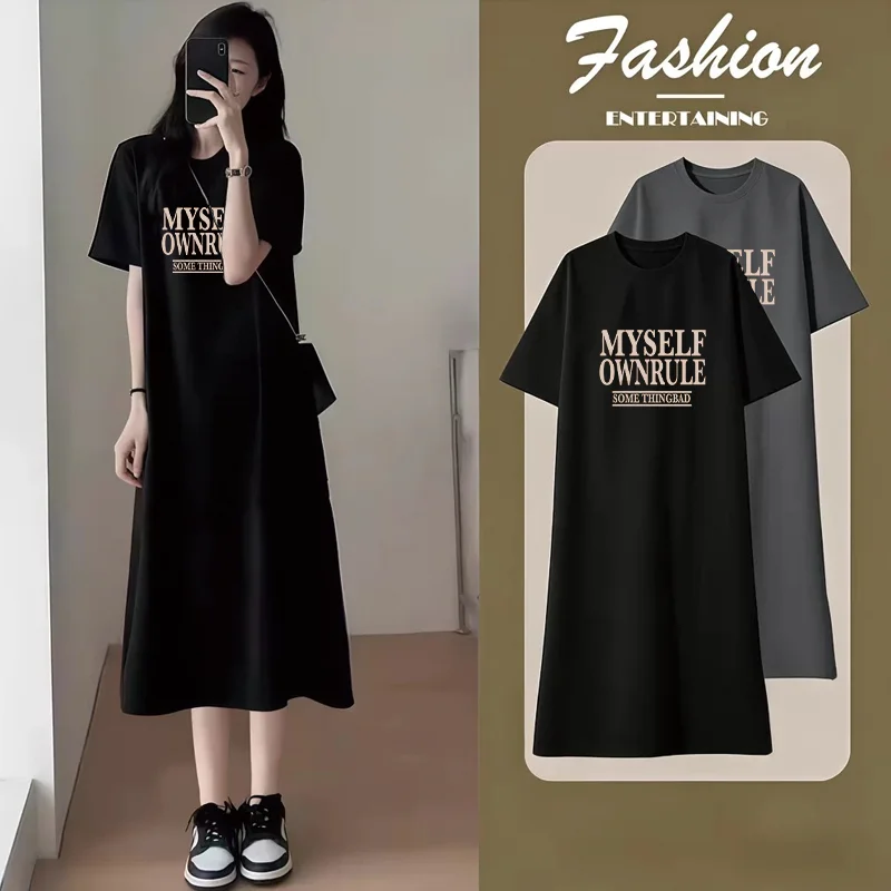 Women Casual T-Shirt Dress Summer Loose Short Sleeve Letter Print Long Maxi Dress O-Neck Split Streetwear Sundress