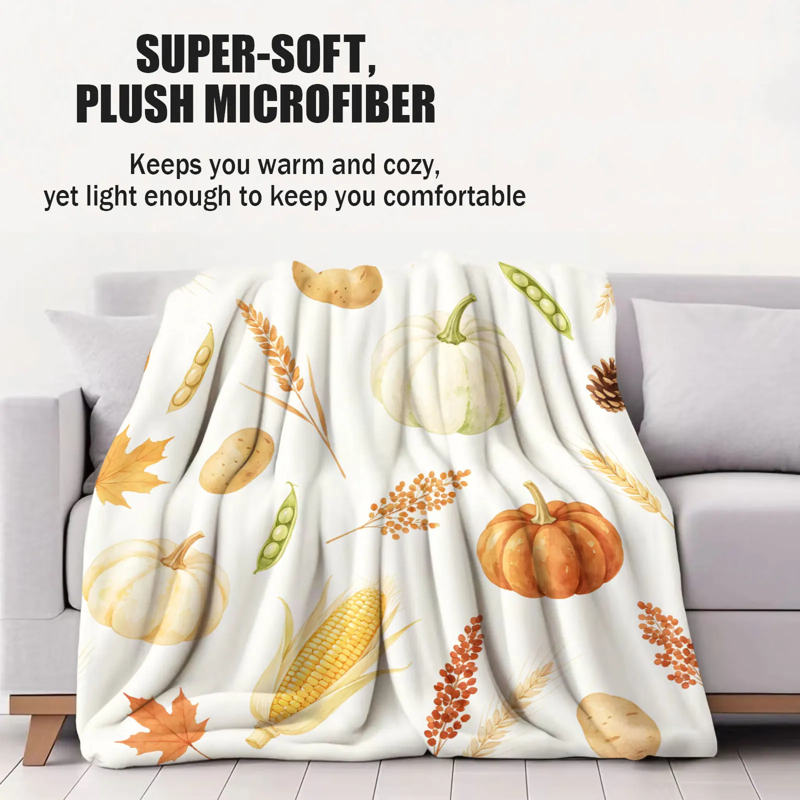 Watercolor Fall Harvest Plush Blanket Pumpkin Pinecone Print Soft Microfiber Throw Blanket for Bed Sofa Car Camping Thanksgiving