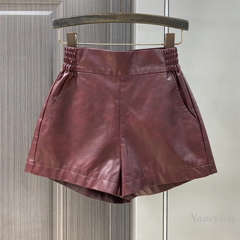 Burgundy PU Leather Shorts Women's Boots Early Autumn Winter 2024 New Temperament Age-reducing A-lime Wide-leg Leather Shorts