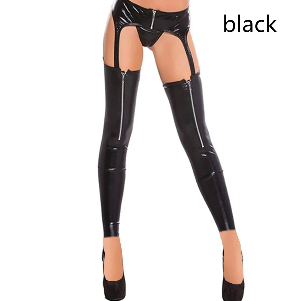 Fetish High Thigh Vinyl Leather Leggings Zipper Front Crotchless Black Vinyl Gothic Long Tights Stockings Sexy Legging Clubwear