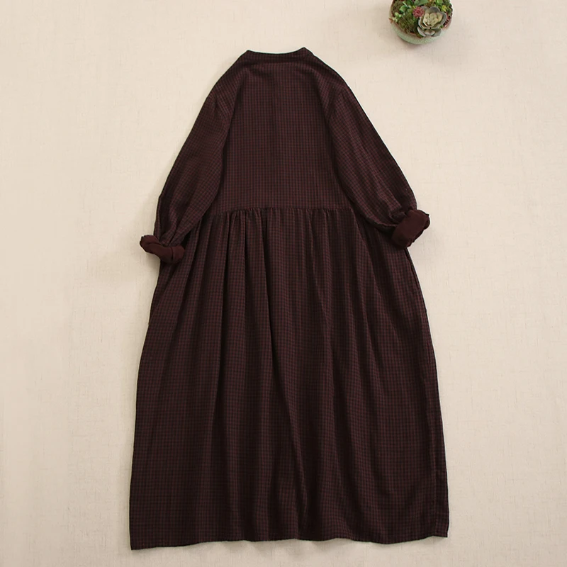 Vestido de algodón a cuadros para mujer, prenda de manga larga con cuello medio abierto, informal, holgada, estilo japonés Mori, Vintage, novedad de otoño