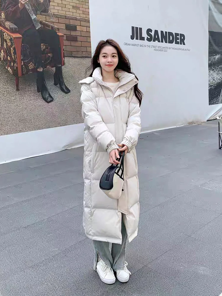 Winter Long Hooded Solid Down Jacket Women White Duck Down Waterproof Outwears Female Warm Thick Parker Knee Length Down Jacket
