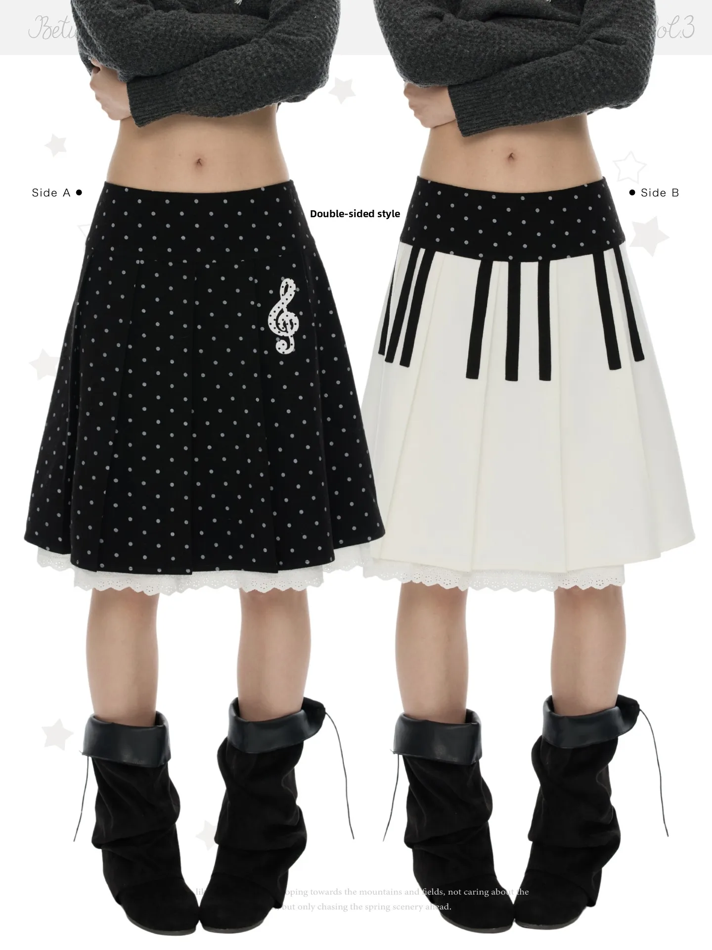 Benand Winter Piano Key Polka Dot Woolen  Skirt Women's Pleated Skirt Casual Style Midi Waist Polyester Blend Fabric