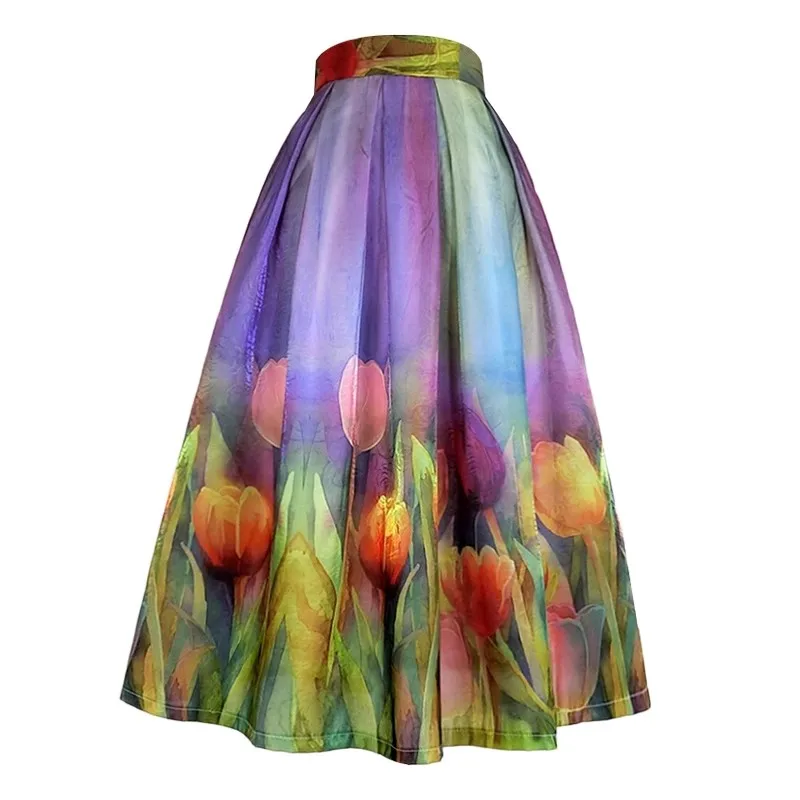 

Women's Runway Fashion Spring Summer Designer Floral Print Organza Skirt Female Autumn High Waist A-line Skirt TB1643