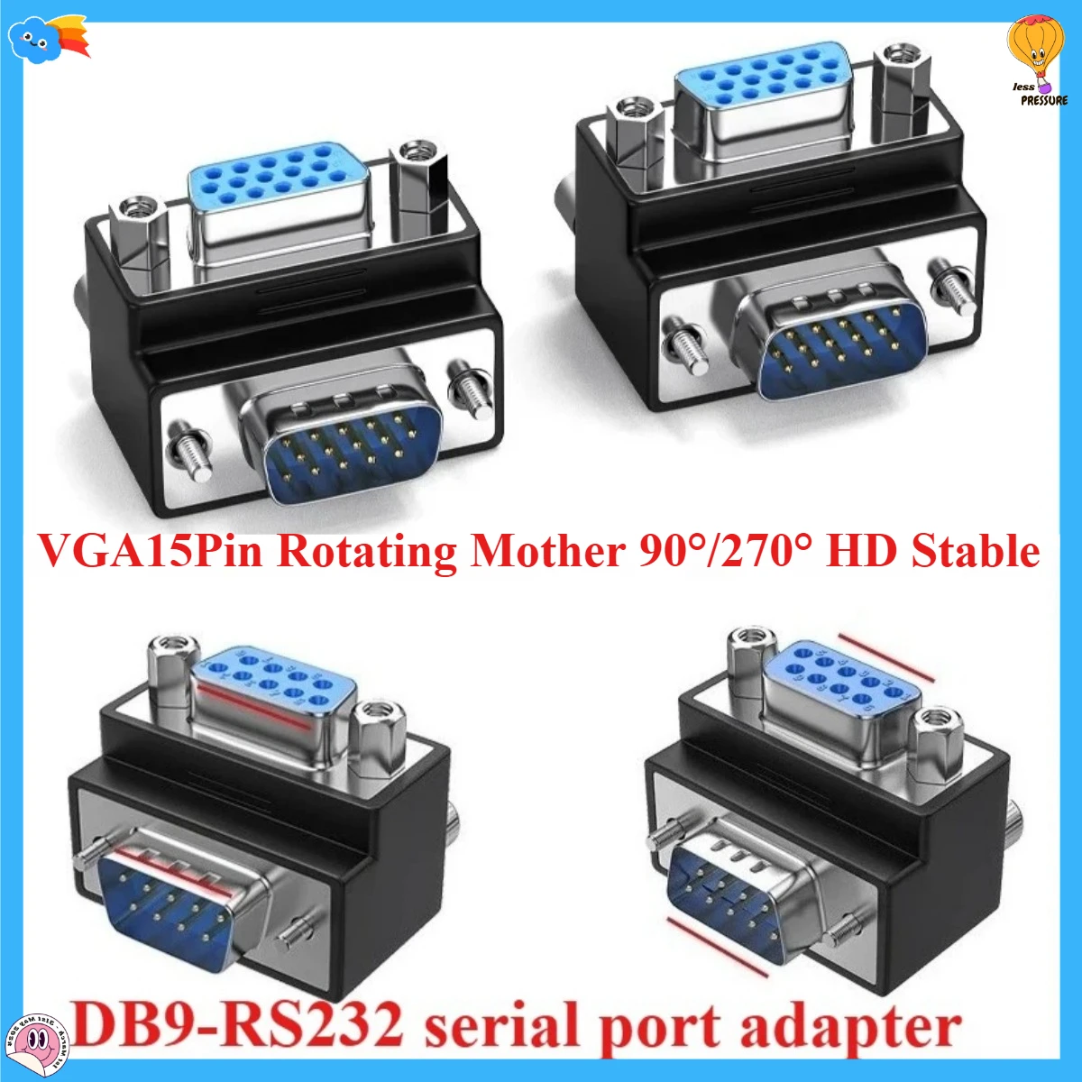 9/15Pin DB9/VGA Adapter 90/270 Degree Right Angle Elbow VGA Male to Female Plug Industrial Strength for Computer Connectivity