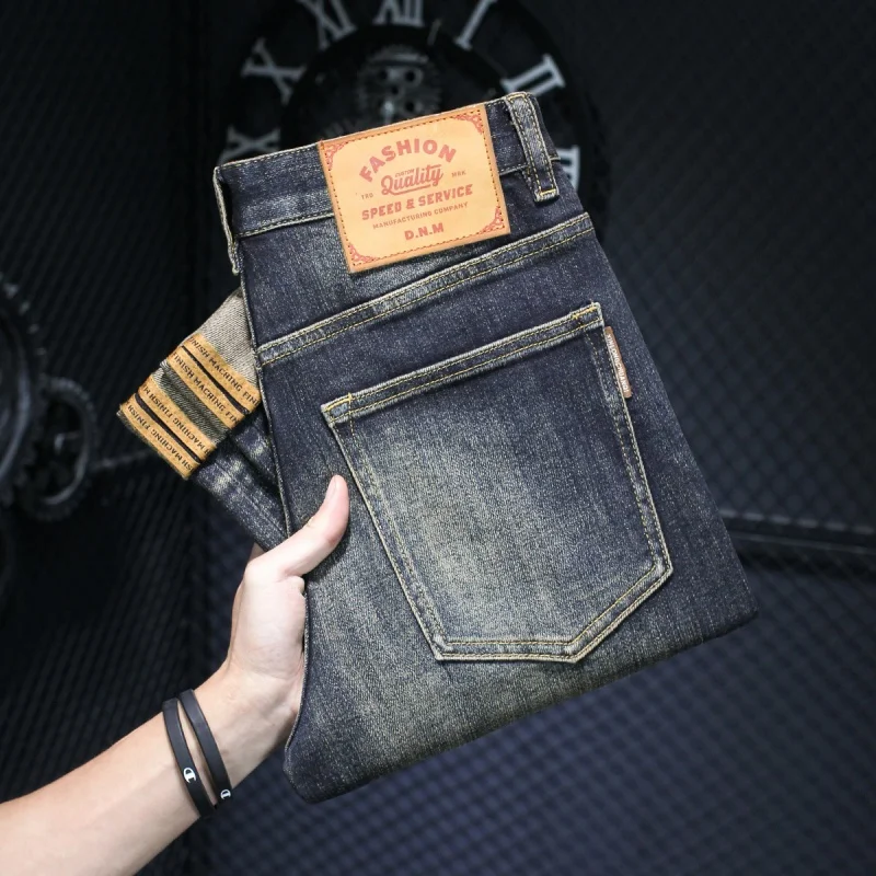 High-End Quality Men's Washed-out Vintage Mud Yellow Jeans Men's Street Tide Brand Retro Slim Stretch Pencil Pants Pants