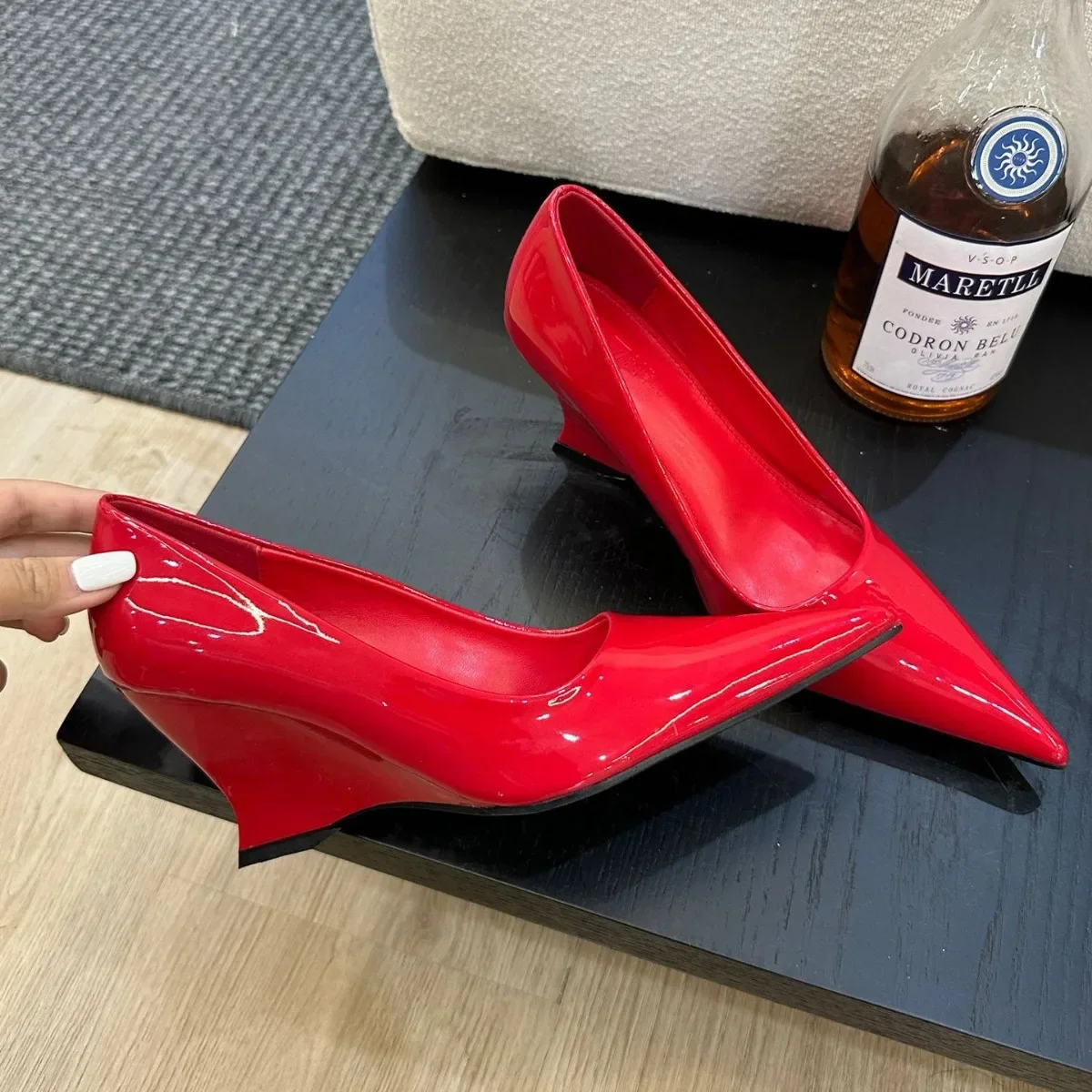 Designer Pointed Toe Wedges High Heels Sexy Women Pumps Silver Red Shoes Wedding Banquet Dress Shoes Brand Office Shoes Women