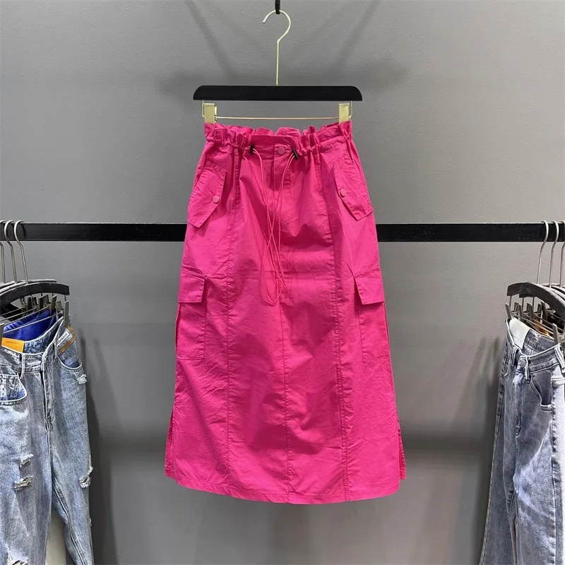 Rose Red Elastic Waist Skirt Women Spring Summer Loose Mid-Length Drawstring Pocket Skirt Female Solid Cargo Skirt