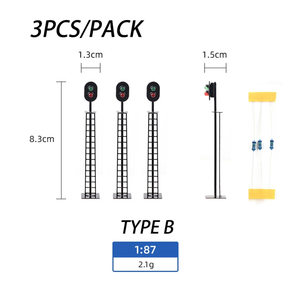 3Pcs Model Railroad HO Scale 1:87 12V Track Signals Green/Red/Yellow Block Lights 2-Light/3-Light Traffic Light Mini Led Lamps