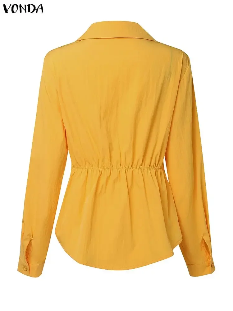 Vonda elegante senhora do escritório camisas blusa feminina outono manga longa com decote em v casual streetwear moda bandagem topos feminino