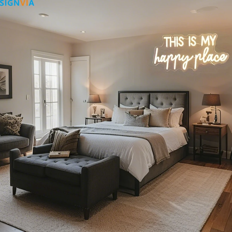 This Is My Happy Place Neon Sign USB Adjustable Brightness Reusable Party Lighting Wedding Bedroom Wall-Mounted Decor Neon Signs