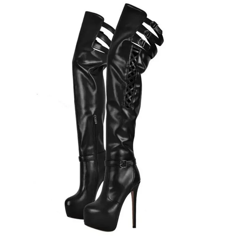 

Black PU Leather Round toe Platform Over The Knee Boots Side Zipper Women Winter Tall Boots Drop Shipping
