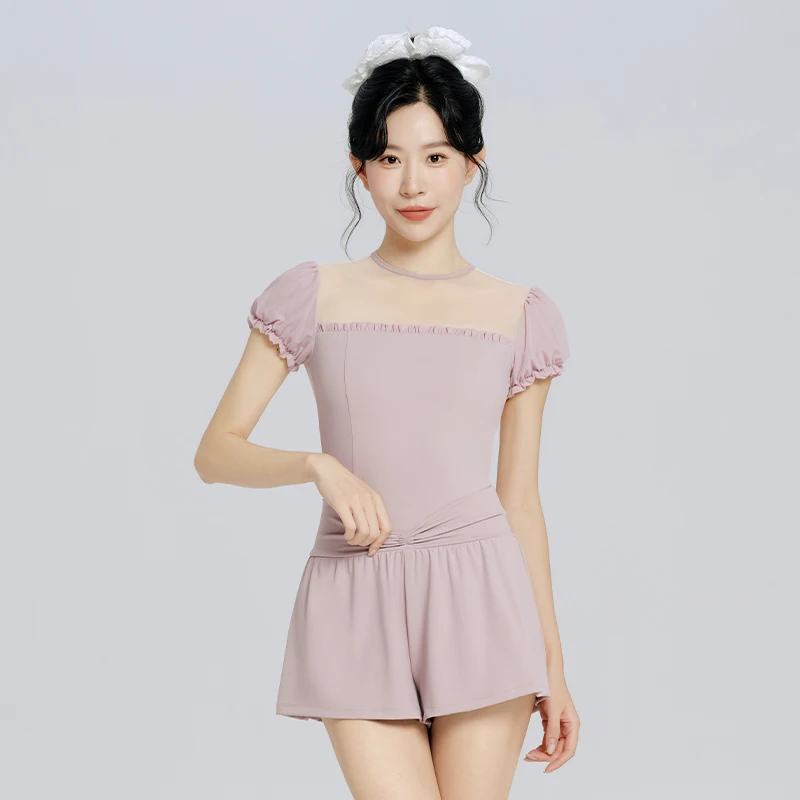 

Ivoogle Women's Backless Lace-Up Dance Leotards Mesh Patchwork Ballet Puff Sleeve Short Bodysuit Adult Swimwear