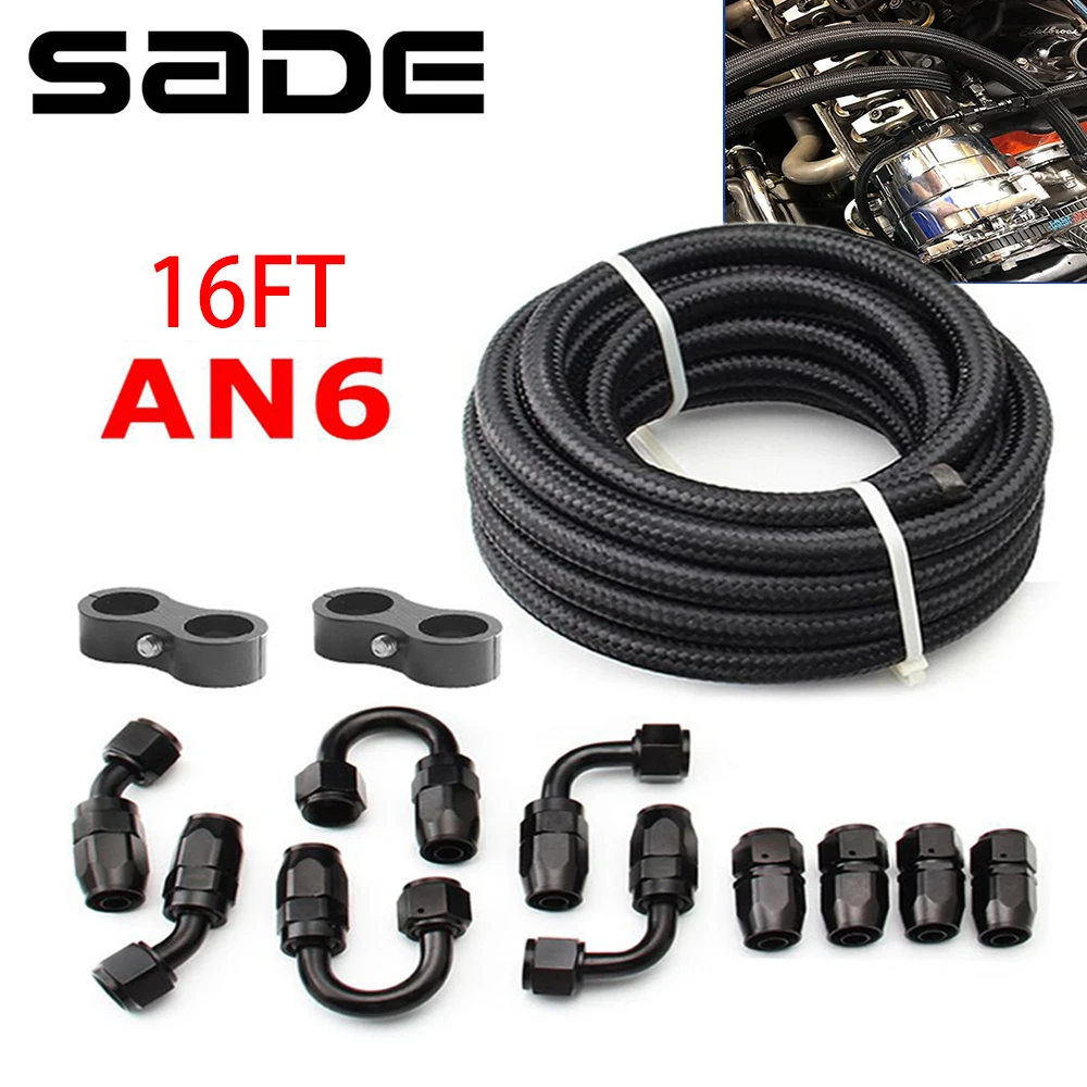 5M 6AN AN6 16FT Black Braided Oil Fuel Fittings Hose End 0+45+90+180 Degree Oil Adaptor Kit Oil Fuel Hose Line With Clamps