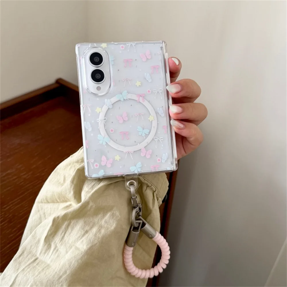 Cute Full Screen Butterfly Heart Magnetic Phone Case with Butterfly Mirror Bracket for Samsung Galaxy Z Fold 8 Back Cover Zfold8
