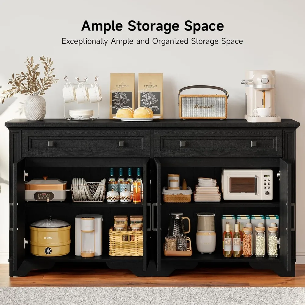 Credenza da buffet da 63", mobiletto portaoggetti da cucina, grande credenza con cassetti e ante, consolle da bar in legno per vino