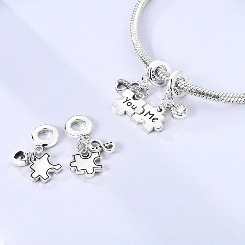 925 Sterling Silver Endless Love Puzzle Combination Charms Pendant Zircon Dangle Fit Original Bracelet DIY Women Party Jewelry