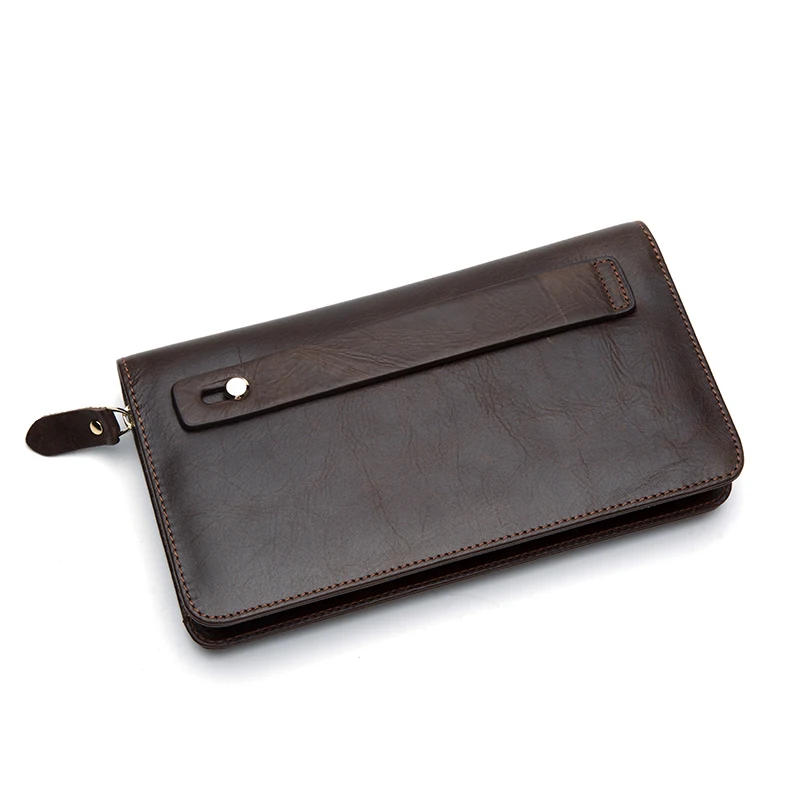 High Class Fashion Genuine Leather Men Wallet Clutch Purse Leather Zipper Money Holder Male Money Bag Clutch with Wrist Belt