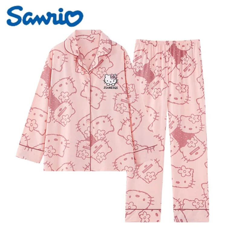 

Sanrio Pajamas Cartoon Hellokitty Loungewear Thin Set Small Lapels Fashion Design Wearable Pajamas Party Holiday Gifts for Girls
