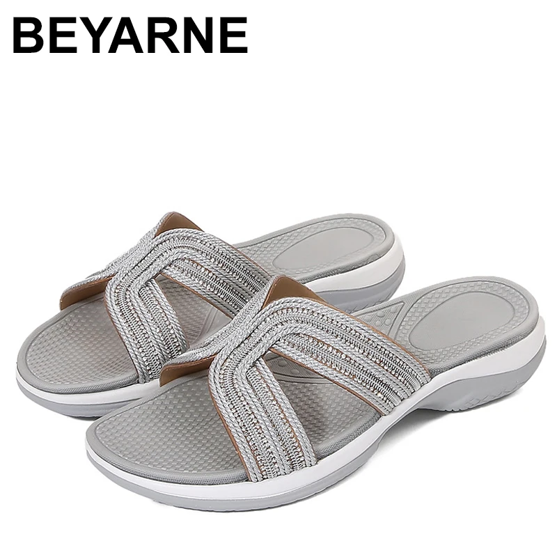 

Модные женские тапочки, летние простые однотонные непромокаемые тапочки на платформе с открытым носком и блестками, на среднем каблуке