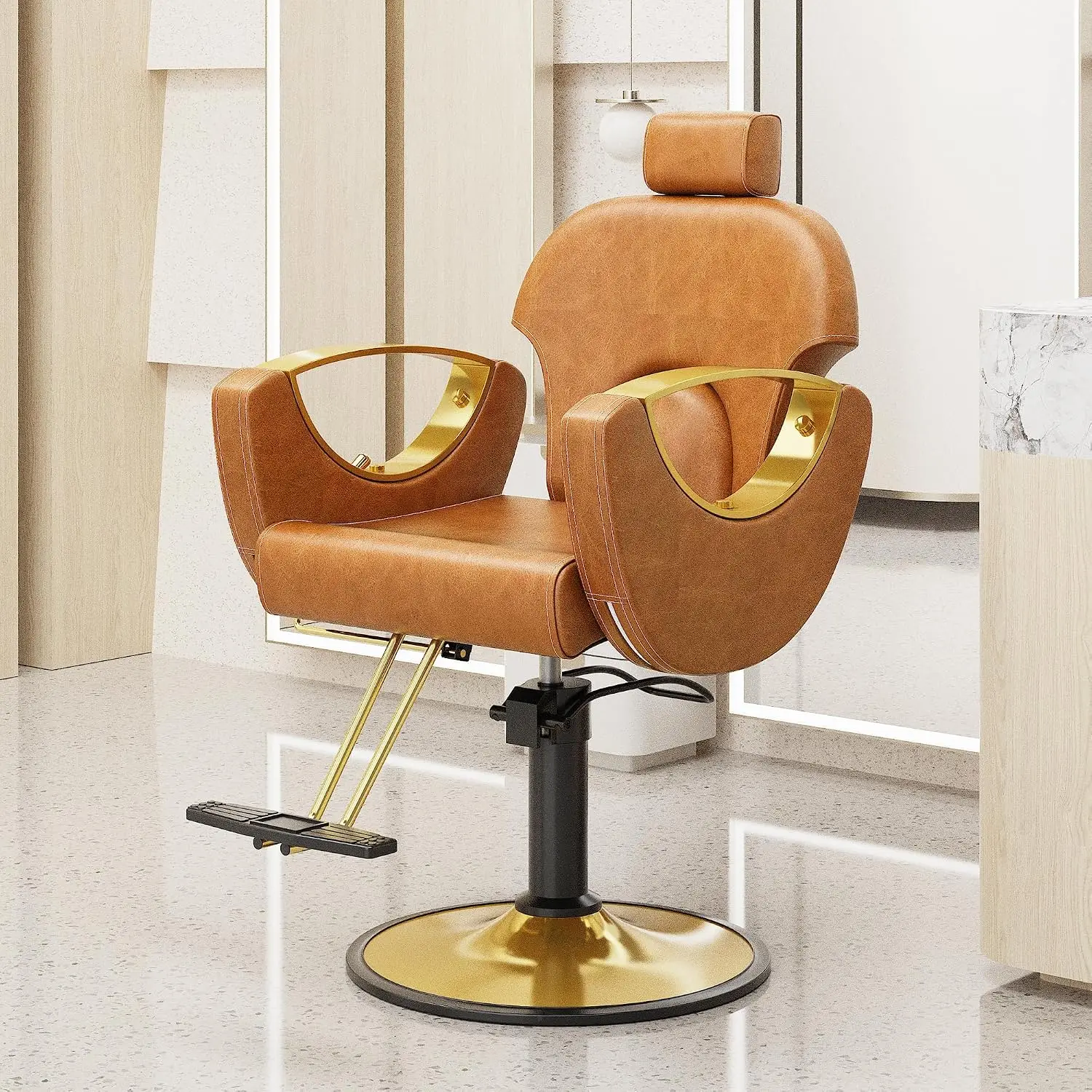 Hydraulic Barber Chair Height Adjustable Reclining 360° Rotation Shampoo Chair for Barbershop Hair Stylist Brown, Customized
