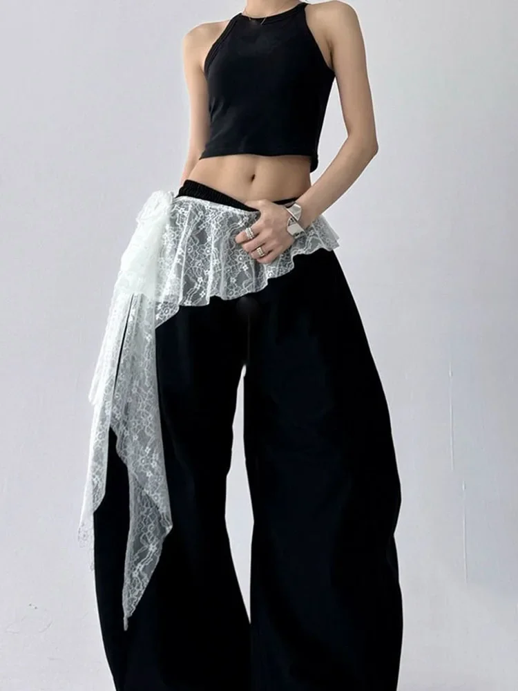 청바지 바지 장식 자수 꽃 레이스 미니 스커트 불규칙 시스루 주름 스커트 하이웨이스트 하라주쿠 플리츠 스커트