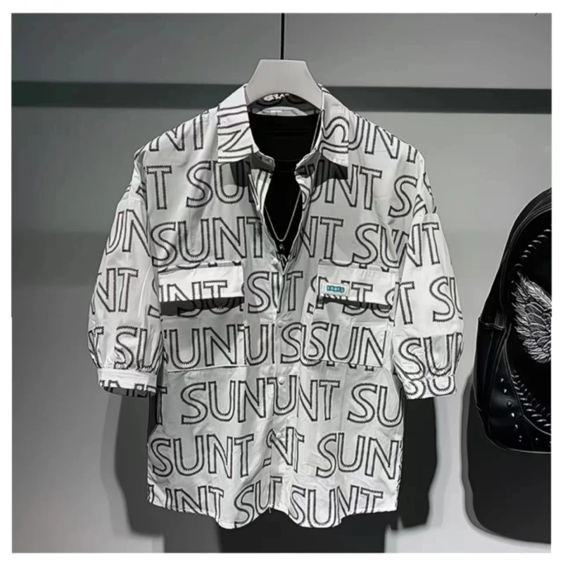 

Men's Trend Letter Print Plus Size Shirt Tops Summer Polo Neck Short Sleeve All-match Vintage Blouse Fashion Casual Men Clothing
